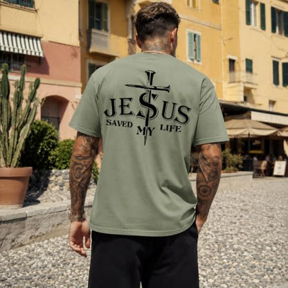 Christian Jesus Cross Shirts for Men Jesus Saved My Life T-Shirt God Tee - color: Green, size: Small
