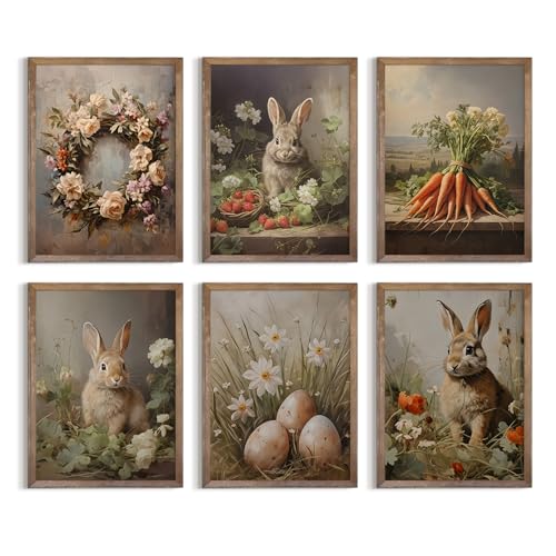 Easter Bunny Wall Art Decor Retro Rabbit Canvas Prints Easter Egg Wall Decor Vintage Bunny Painting Farmhouse Pictures Spring Flower Poster for Living Room Bedroom 12x16 Inch Unframed Set of 6 - color: Easter Prints, size: 12''x16'' Unframed
