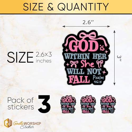 3PCs God Is Within Her She Will Not Fall Sticker Pink Bow Christian Bible Verse Sticker Religious Jesus Scripture Waterproof Vinyl Stickers For Laptop Water Bottle Decals Gifts For Adults Kids 3"x2.6"