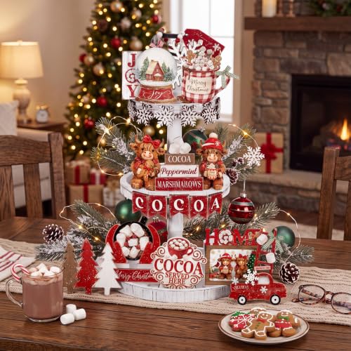 Vercraft Christmas Tiered Tray Decor Xmas Wooden Table Decor, Cow - style: Highland Cow