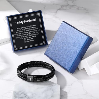 Christian Bracelet for Men, Bible Verse Leather Cross Gift for Men - color: A-To My Husband