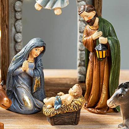Glitzhome 11Pcs Resin Nativity Figurines Set Christmas Nativity Set Tabletop Scenes Decor, Christian Nativity Scene Indoor Xmas Nativity Collectible Figurines Miniatures Statues Ornaments 8" x 20.75" - size: 20.75 x 8 Inches