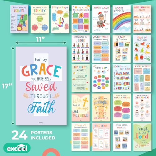 EXCOOL CLUB Sunday School Classroom Posters, 24 Pc 11x17 Bible Set Colorful - color: Sunday School Colorful, size: 24 pcs 11x17 inch