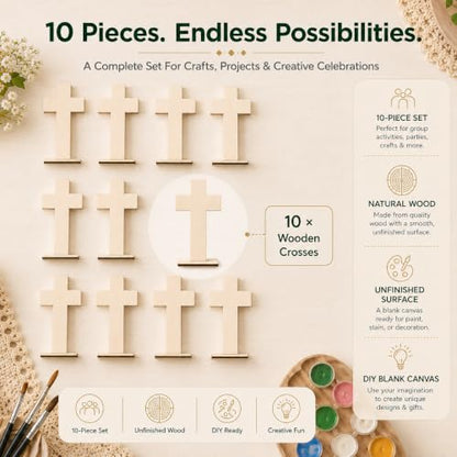 Wooden Crosses for Crafts: 10 Pack Unfinished Wood - DIY Blank Crosses with Stands Small Religious Crucifix Ornaments Catholic Baptism Centerpiece DIY Craft Supplies