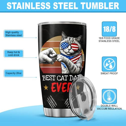 Funny Cat Dad Gift Tumbler for Men with American Sunglasses, Patriotic Fist Bump Design, 20oz Stainless Steel Insulated Travel Mug for Father's Day, Birthday, Cat Lovers - color: Cat Dad G5