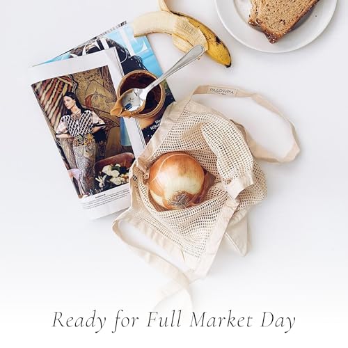 PILLOWPIA French Market Bag – Organic Cotton Tote, Handcrafted Adjustable Strap, Eco-Friendly 12-15" Farmers Market Carrier - color: Natural Modern