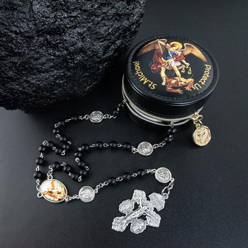 St. Michael the Archangel Catholic Rosary Necklace for Men, 8MM Black Hematite Prayer Beads Packed in Travel Jewelry Box, Rosary Beads Catholic Saints Gifts for Men - color: Black Agate