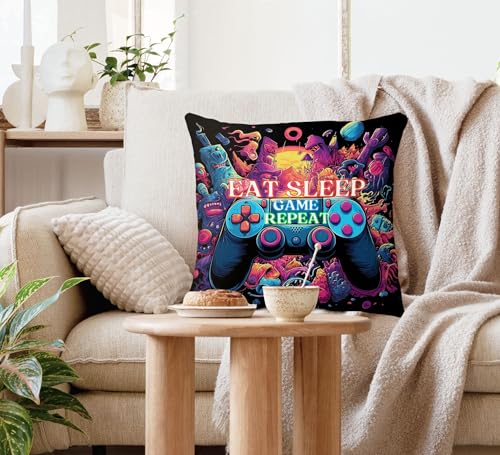 Voatok Gaming Pillow Cover 18x18, Gaming Room Decor, Eat Sleep Game Repeat Video Game Decorative Throw Pillow Cover Pillowcases Decorations for Kids Boy Room Bedroom Playroom Sofa Bed Couch Decor - color: Game-1