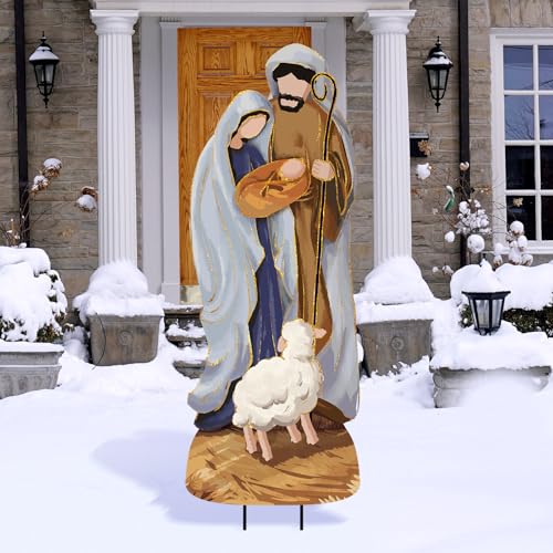 Reallnaive Metal Christmas Outdoor Nativity Scene for Yard with Stake 30 Inch Large Christmas Nativity Set with Baby Jesus Mary and Joseph Outside Waterproof Religious Yard Lawn Signs for Garden Lawns - style: Classical