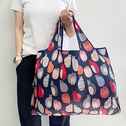 allydrew Large Foldable Tote Nylon Reusable Grocery Bags - color: Set of 2, Stylish Kitties, size: Large & Small (Set of 2)