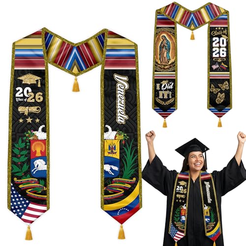 Graduation Stole Class of 2026 Reversible Sash with Gold Glitter Trim and Tassels V-Neck 72 Inch Satin - color: Venezuela & America