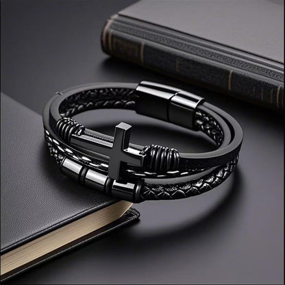 Multi-Layer Braided Leather Bracelets Mens Cross Leather Bracelet Wristband Religious Leather Bracelets Men Customized Gifts - color: black, size: 7.5
