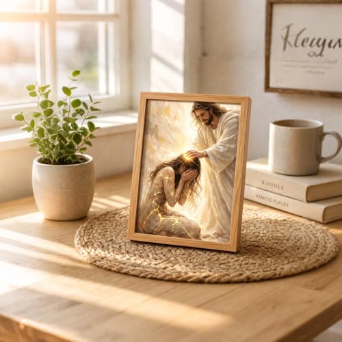 DWJNG Wood Framed Jesus Healing Girl Christ-Themed Wall Art, 8 x 10 Inches - color: Jesus Wall Art, size: 10"L x 8"W