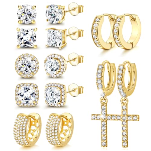 7 Pairs Stainless Steel Earrings for Men Women CZ Stud Hoop - color: Gold