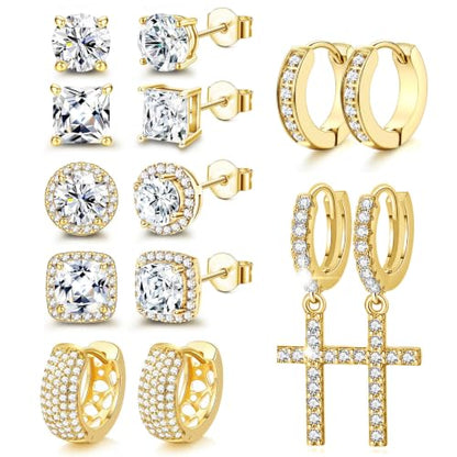 7 Pairs Stainless Steel Earrings for Men Women CZ Stud Hoop - color: Gold