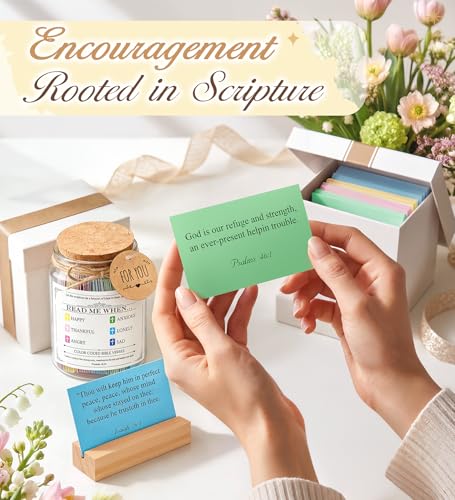 Bible Verse Jar, Prayer Jar Scripture Cards with Wooden Stand for Daily Encouragement, Baptism Christian Religious Birthday for Women,Men,Mother Day Gift Mom,Grandma