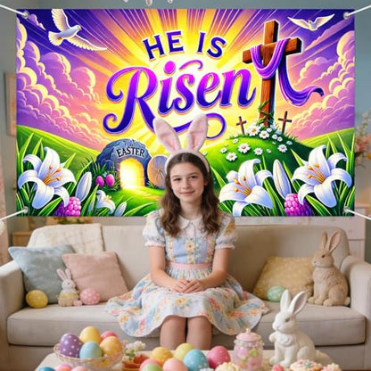 IVN He Is Risen Easter Banner 71x43 Inch Christian Cross Empty Tomb Lilies - color: He Is Risen Empty Tomb Cross Christian