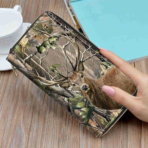 Jungle Camo Deer Print Wallet for Women Large Capacity Wallet Credit Card Holder PU Leather Zipper Clutch Purse Phone Wallet - color: Jungle Camo Deer