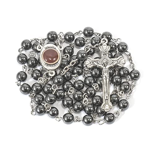 Nazareth Store Hematite Rosary Beads Black Stone Catholic Rosary Necklace with Jerusalem Holy Soil & Cross Antique Religious Rosaries Beads Collection - color: Black
