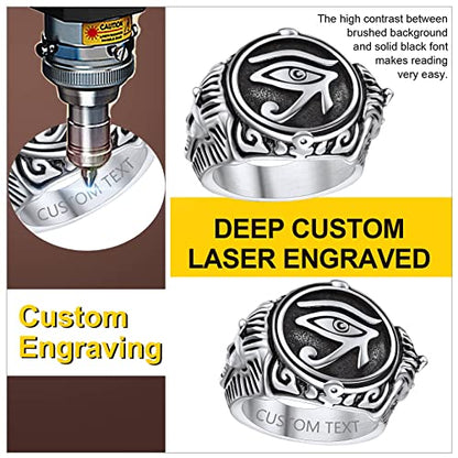 ChainsProMax Can Engrave Men Ancient Egyptian Eye of Ra Ankh Cross Ring, Size #7-#14, Stainless Steel/Gold Plated/Black (Send Gift Box) - color: Engrave-Eye of Ra-stainless