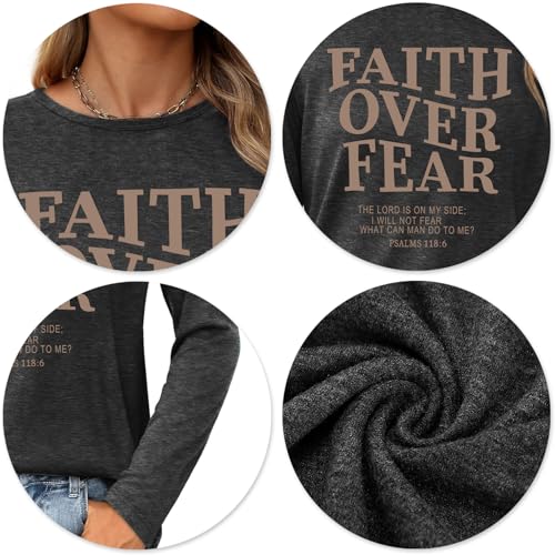 Christian Shirts for Women: Faith Over Fear T Shirt Religious Graphic Tee Bibel Verse Long Sleeve Tops - color: Grey, size: XX-Large