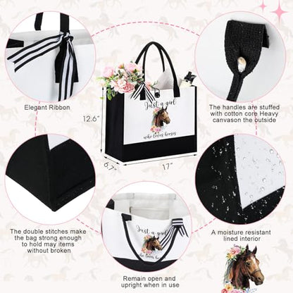 Pickmesh 7 Pack Horse Gifts for Birthday, Horse Racing Gift Set for Women, Canvas Tote Bag, Makeup Bag, 16 oz Glass Cup, Socks, Gift Card Natural Stone Bracelet with Box for Derby Party Favor - style: Horse