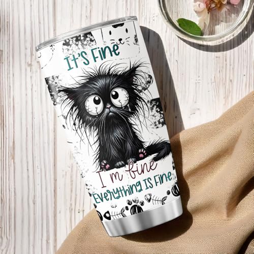 Funny Black Cat Everything Is Fine Tumbler, 20oz Stainless Steel Insulated Cup with Cute Crying Kitten Design, Sarcastic Gift for Cat Lovers, Friends, Coworkers, Birthday, Halloween - color: Funny Cat Lover