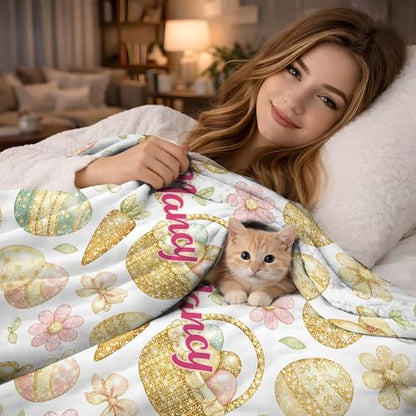 KiKiLuna Personalized Easter Bunny Flannel Throw Blanket, 10 Cartoon Designs, Custom Name Cute Spring Egg Pattern Cozy Gift for Kids Girls - color: Design 11