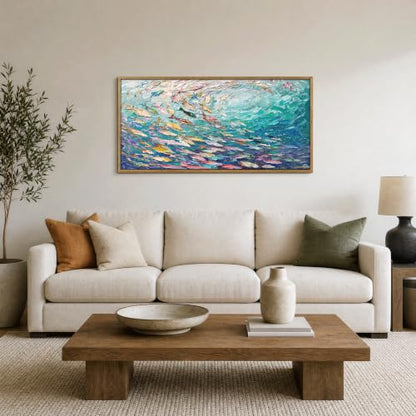 KIRFOLUC Abstract Ocean Wall Art, Large Framed Textured Print Painting - color: Fish, size: 48"L x 24"W