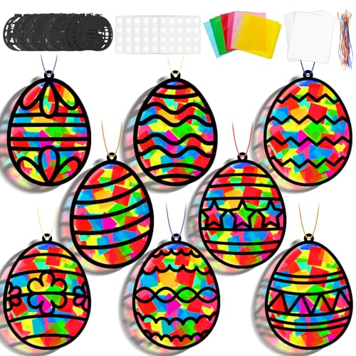 Lonfliness 32 Sets Easter Suncatchers Craft Kit DIY Egg Window Stained Glass Effect Paper Basket Style Home School Classroom Decorations Spring Art Craft Creative Games Activity Project Gift Favor - style: Easter Egg