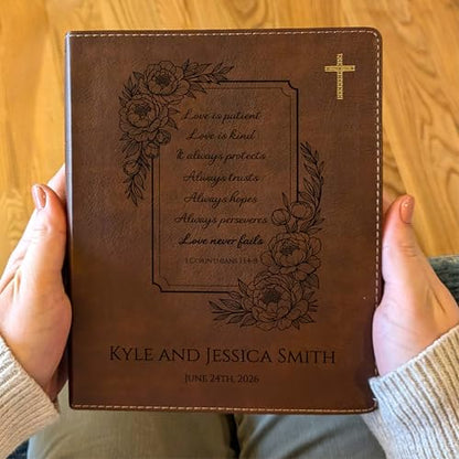 Farm and Posh Personalized Wedding & Anniversary Bible – Custom NIV Family Bible with Names & Date, Song of Solomon Verse – New International Version (Floral Love is Patient)