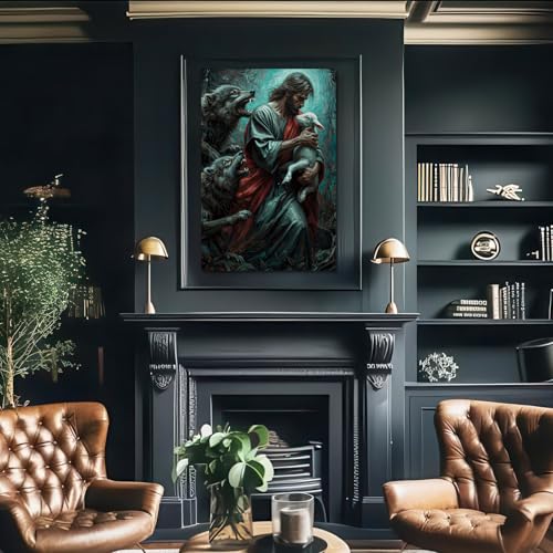 Stretched Canvas Wall Art with Wood Inner Frame, Jesus Protecting Lamb from Wolves Wall Decor, Christian Good Shepherd Religious Print, Inspirational Faith Artwork Ready to Hang for Living Room Bedroom Prayer Room - color: Good Shepherd, size: 24"L x 16"W