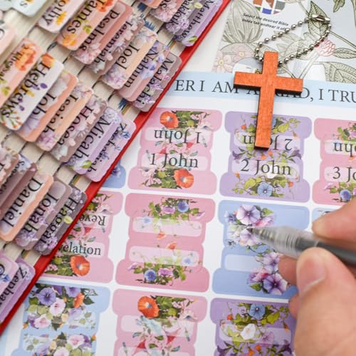 VANRA Bloom Floral Bible Tabs for Women Study Bible 75 Peel-and-Stick Large Print Laminated Bible Index Tabs Flower Bible Journaling Supplies Accessories Book Summaries Labels (Flower 1)