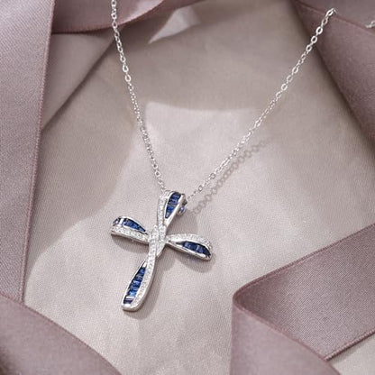 EVER FAITH S925 Silver Princess Cut CZ Infinity Twisted Cross Necklace - color: Blue