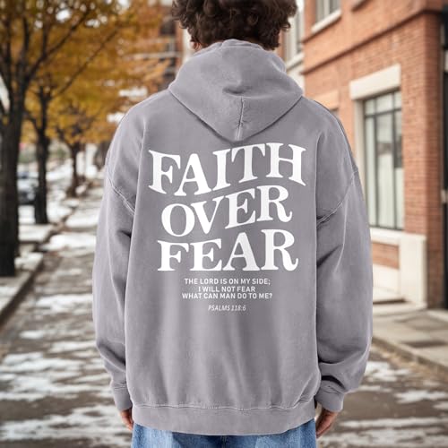 Christian Faith Over Fear Hoodies for Men Jesus Religious Graphic Sweatshirt Bible Verse Acid Wash Pullover Hoodie - color: Gray, size: XX-Large