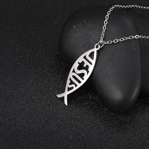VASSAGO Jesus Fish Ichthys Faith Symbol Hook Necklace Hollow Out Design Stainless Steel Drop Dangle Earrings for Women (Set-Silver)