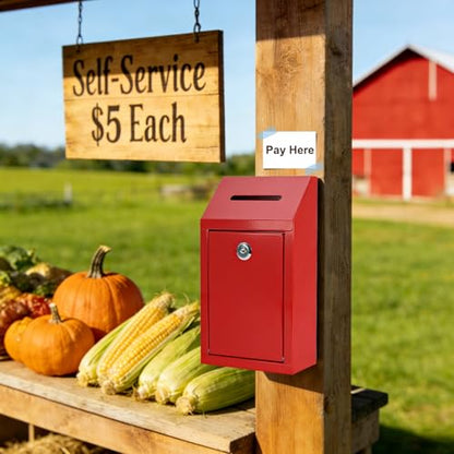 KYODOLED Cash Box for Farm Stand, Money Drop Box with Lock & Slot, Red - color: Red, size: 10.24 x 5.7 x 2.95 Inch