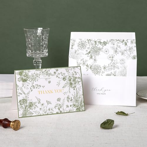 Crisky Vintage Green Floral Gold Foil Thank You Cards with Envelopes - color: Green Floral, size: 50 Pack