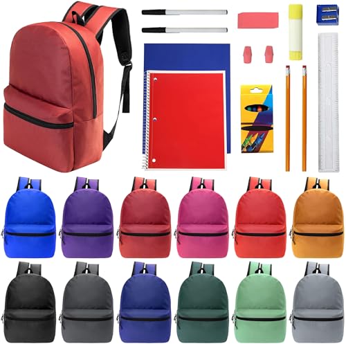 12 Pack 17" Bulk Backpacks with 18 Piece School Supplies Kits, 12 Colors - color: 12 Colors Asst, size: 18 Piece SS Kit