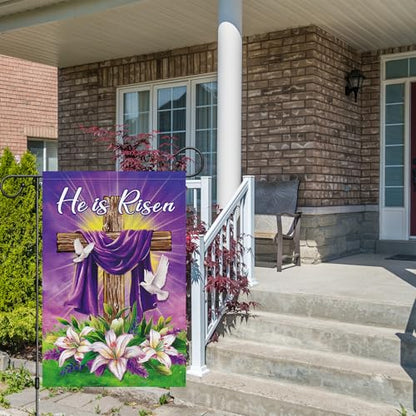 He is Risen Easter Garden Flag 12x18 Inch Double Sided Burlap, Christian Religious Easter Cross Lily Flower White Dove Yard Sign Spring Holiday Outdoor Decoration