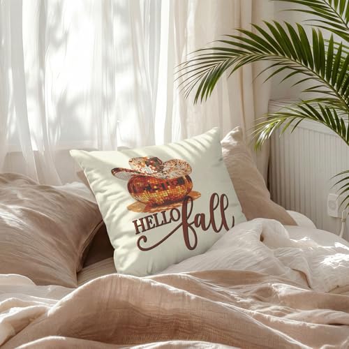 Hello Fall Western Disco Ball Pumpkin Throw Pillow Covers 18x18 - color: Disco Ball