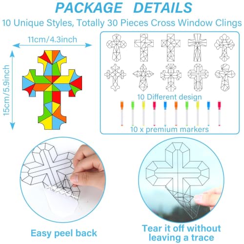Qyeahkj 30 Pack Vbs Religious Cross Crafts Bulks Sunday School Christian Window Suncatchers Craft Kits Jesus Bible Coloring Window Clings Art Gift for Classroom Church Home Decor