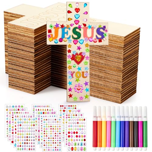 PLUVAVA 36 Sets Wood Cross Crafts DIY Wooden Cross for Christian Jesus Sunday School Vacation Bible School Crafts Supplies with 14 Pieces Stickers and 24 Pieces Watercolor Pens (Classic Style) - size: Classic Style