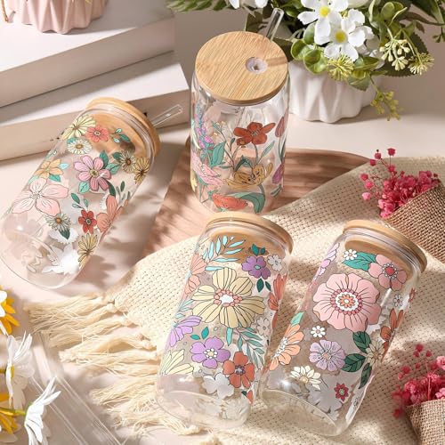 Mumufy 4 Pack Bohemian Flower Glass Cup, 16 oz Tumbler Mug with Bamboo Lid - style: Bohemian Flower