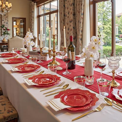 WDF 175Pcs Red Plates - Red Plastic Plates with Gold Rim - Fancy Disposable Dinnerware Sets Ideal for Party/Wedding - color: Red and Gold, size: 175 pieces