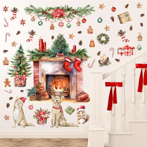 Merry Christmas Wall Stickers Xmas Pine Tree Fireplace Art Decal Decoration - color: Red