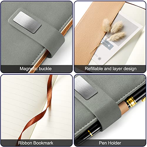 A5 Lined Leather Notebook and Pen Set with Gift Box, 240 Pages Refillable Journal with Pocket and Magnetic Buckle, Hardcover Daily Diary for Men and Women Business Travel Personal Writing- Gray - color: Gray