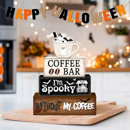 Britimes Ghost Halloween Tiered Tray Decor Set, 4 Pack, Wooden Table Sign - style: Ghost Coffee Cup