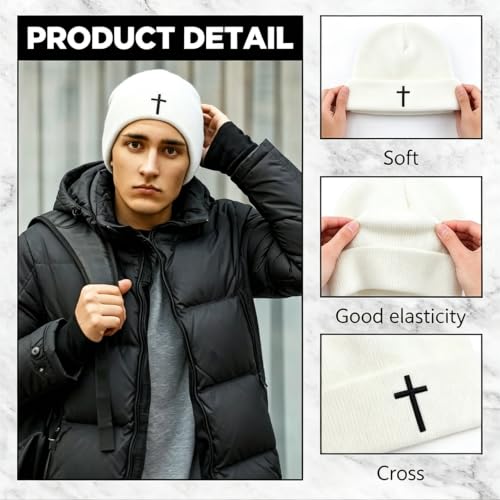Unisex Stretch Warm Winter Skull Cap, Cold Weather Knit Beanie - color: White - 3d Cross Embroidery