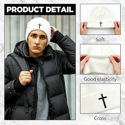 Unisex Stretch Warm Winter Skull Cap, Cold Weather Knit Beanie - color: White - 3d Cross Embroidery